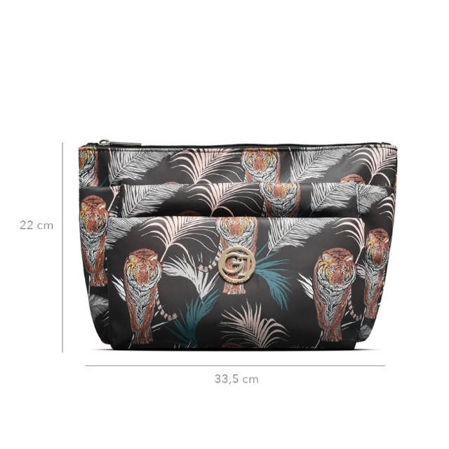 Gillian Jones 3-Rums Kosmetiktaske - Sort Tigre og Palme Print